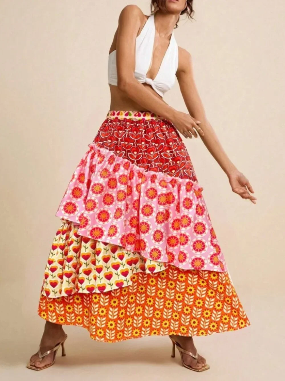 Pink Orange Mixed Floral Print Tiered Ruffle Maxi Skirt